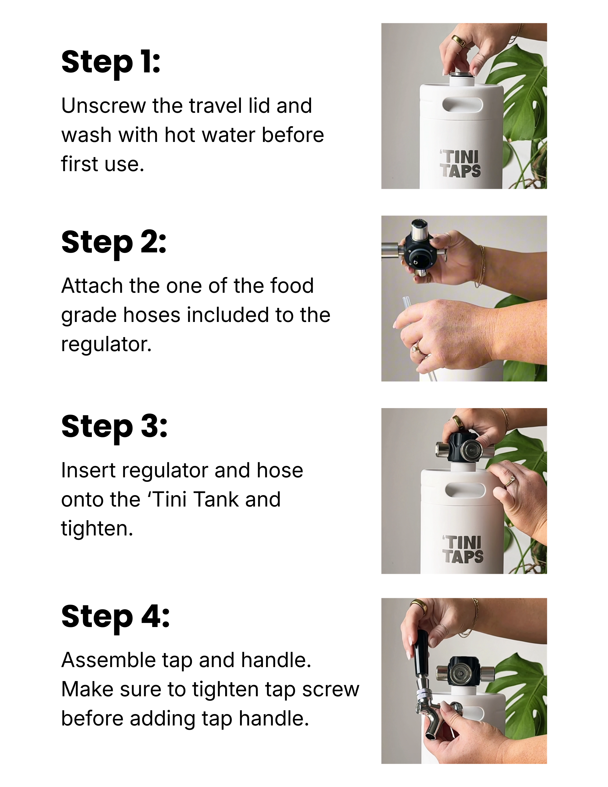 Step-by-step instructions for using 'Tini Taps with images of hands performing each step.