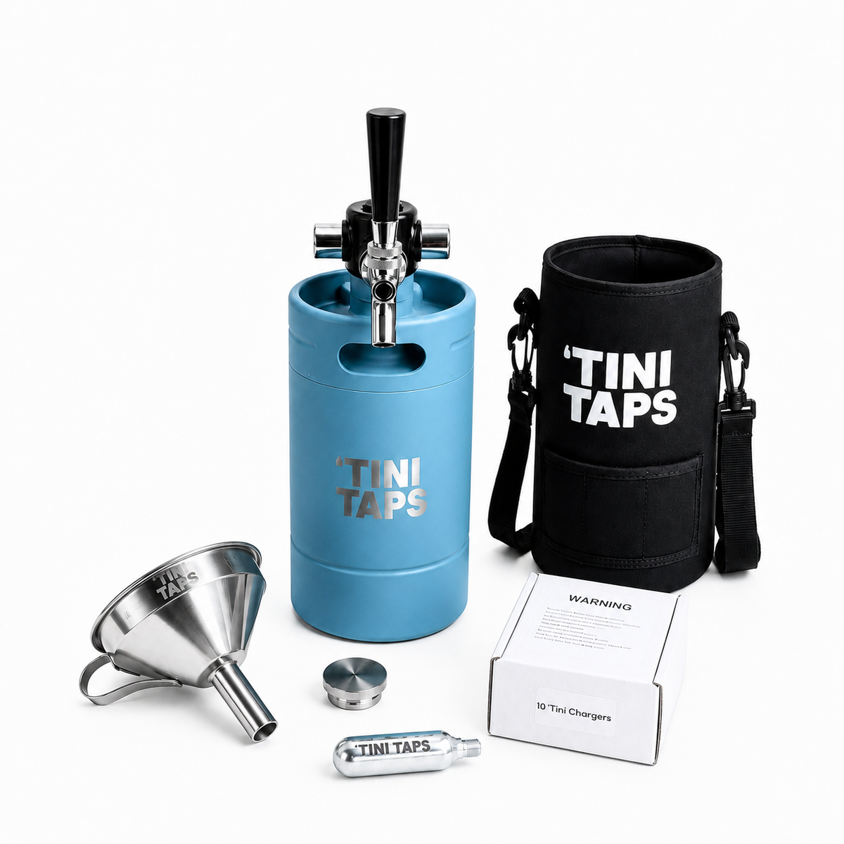 Tini Taps portable mini keg starter kit on a white background, including a light blue keg with tap handle, black cooler sleeve with white TINI TAPS text, stainless steel funnel, metal lid, CO2 cylinder, and white product box.