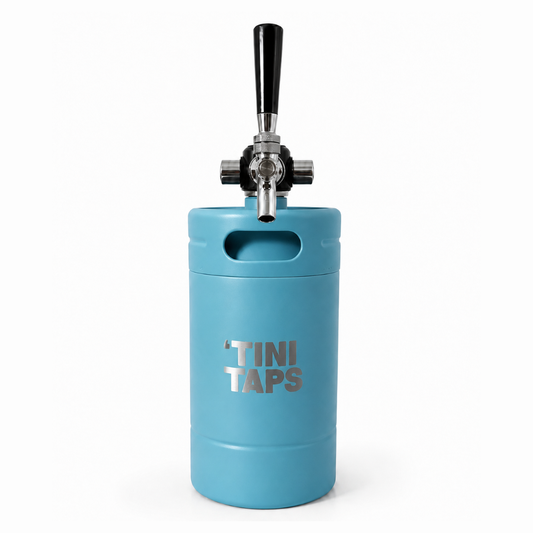 blue mini keg with tap handle and tini taps logo on white background.