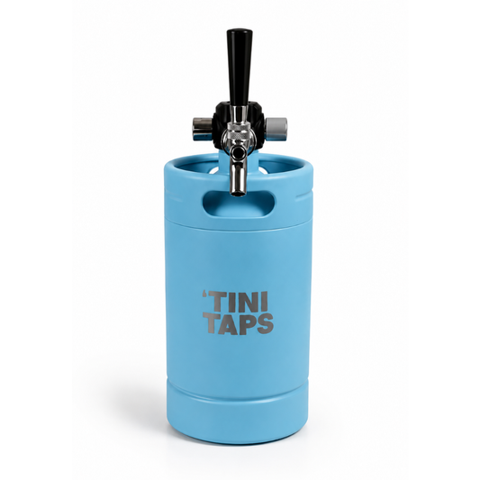 Blue mini keg with tap and 'Tini Taps logo on white background.