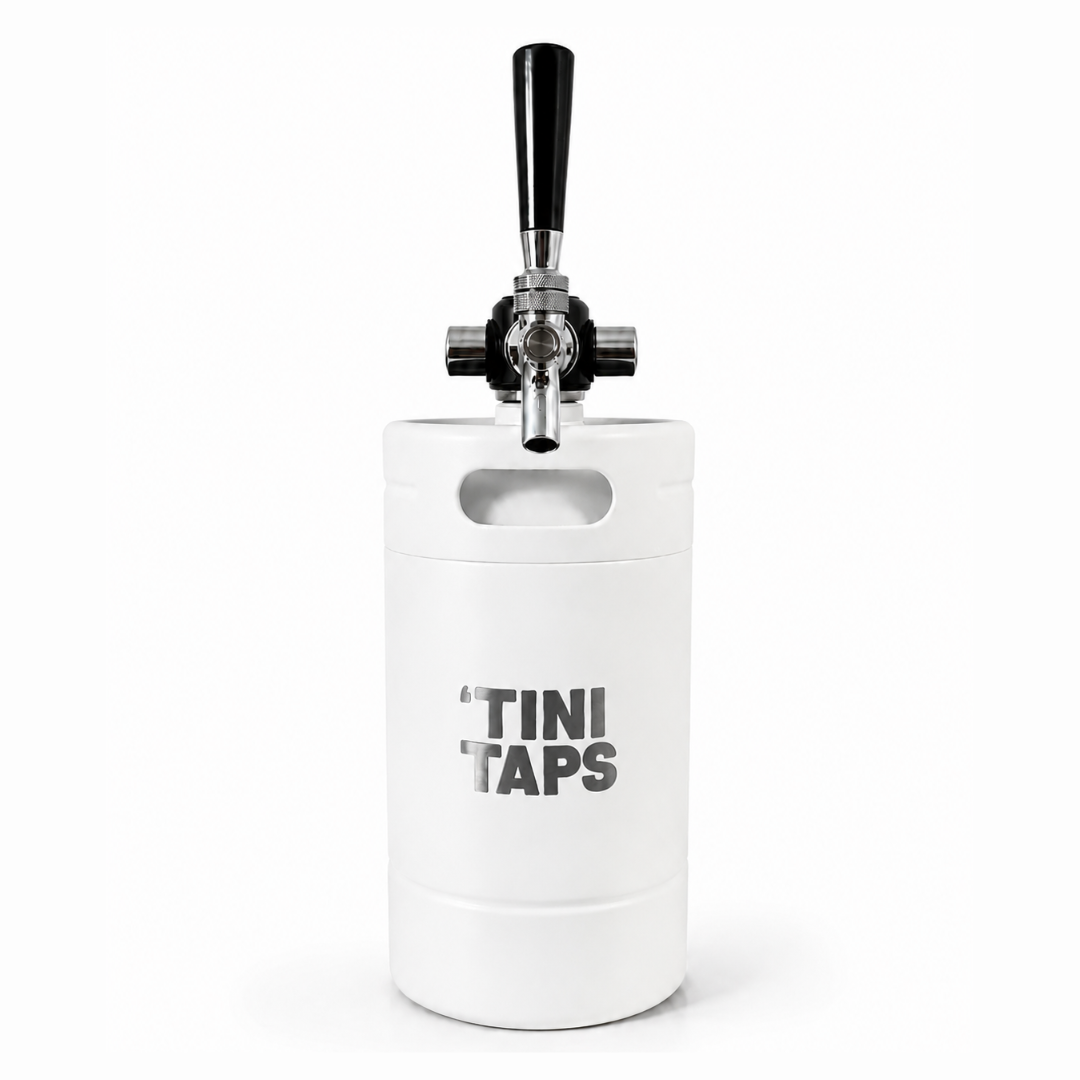 white mini keg with tap handle and tini taps logo on white background.