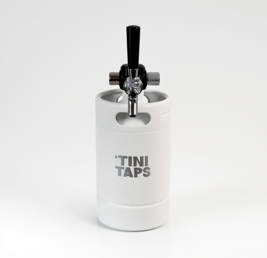 White 'Tini Taps keg with black tap handle on a white background.
