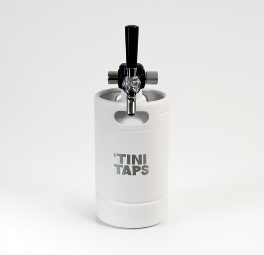 White 'Tini Taps keg with black tap handle on a white background.