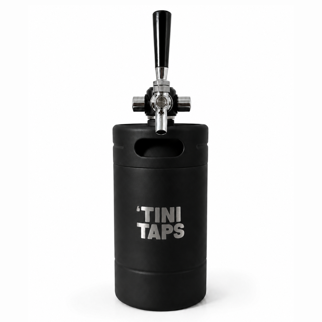 black mini keg with tap handle and tini taps logo on white background.