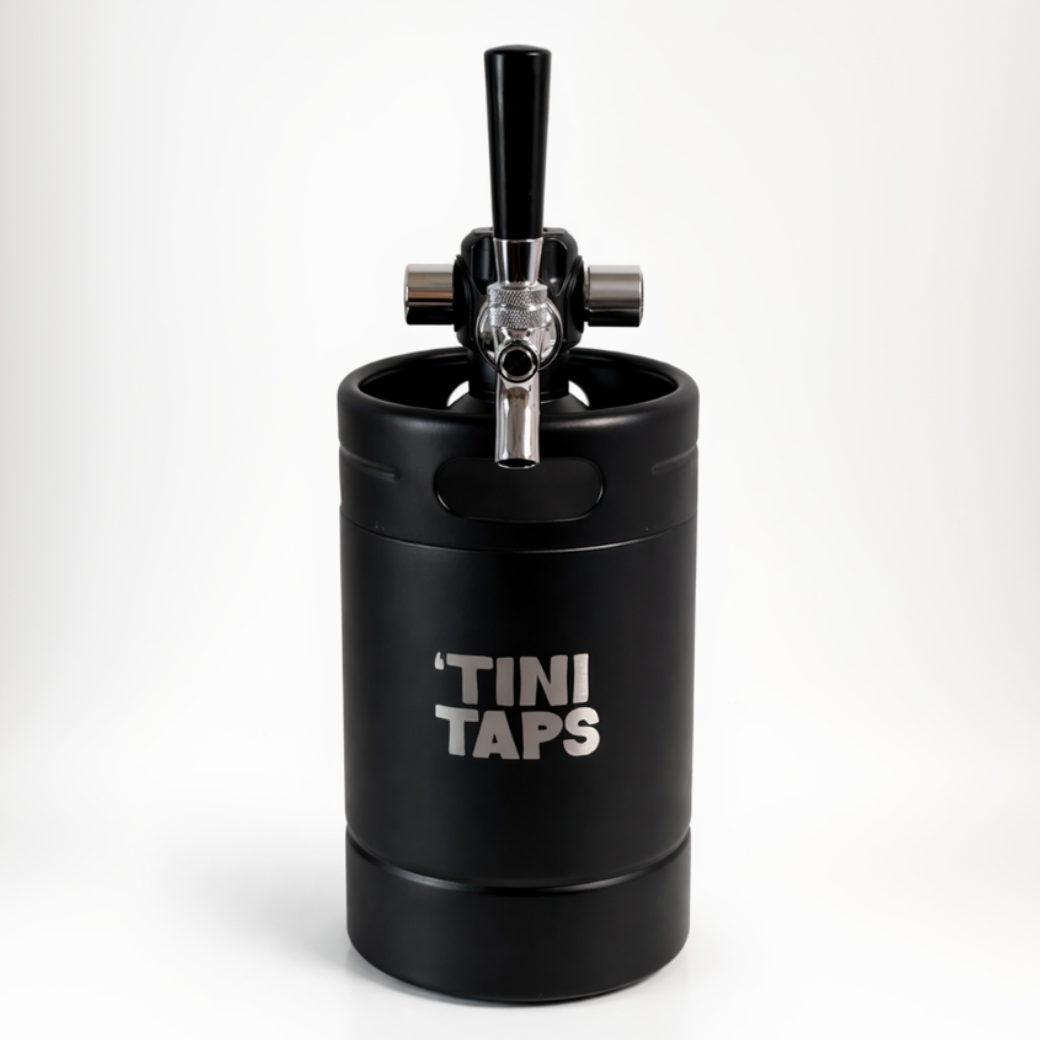 Black 'Tini Taps keg with black tap handle on a white background.