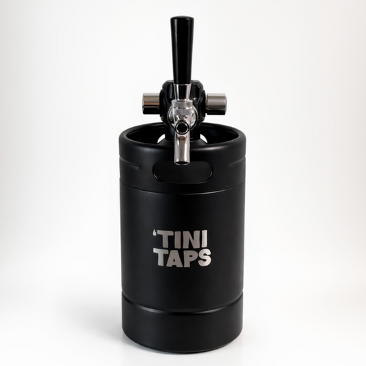 Black 'Tini Taps keg with black tap handle on a white background.