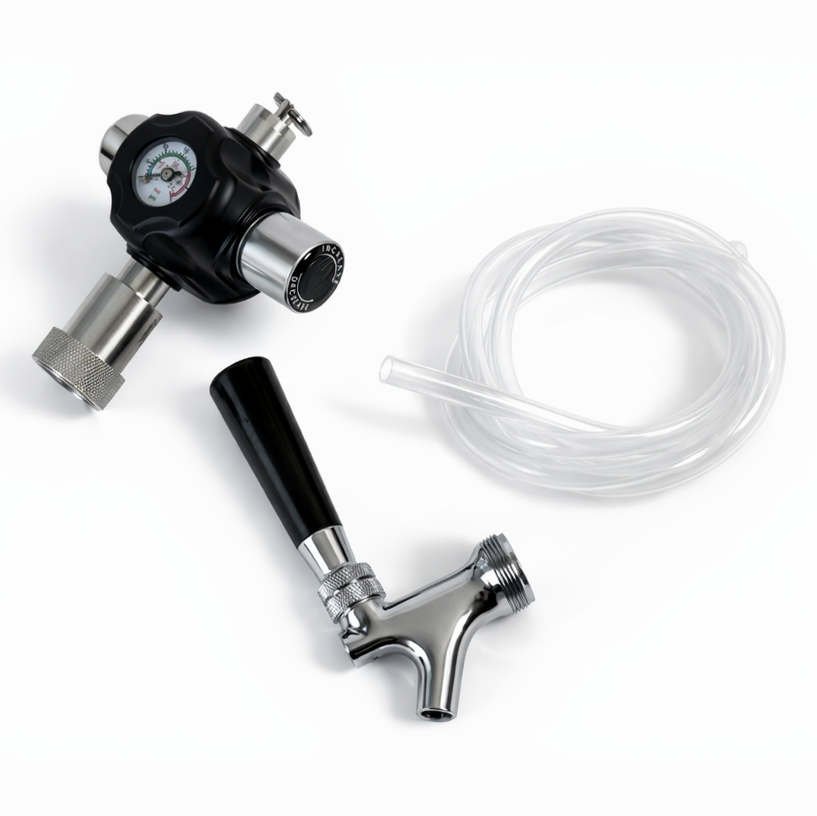 Regulator, tap handle, and food-grade hose on a white background