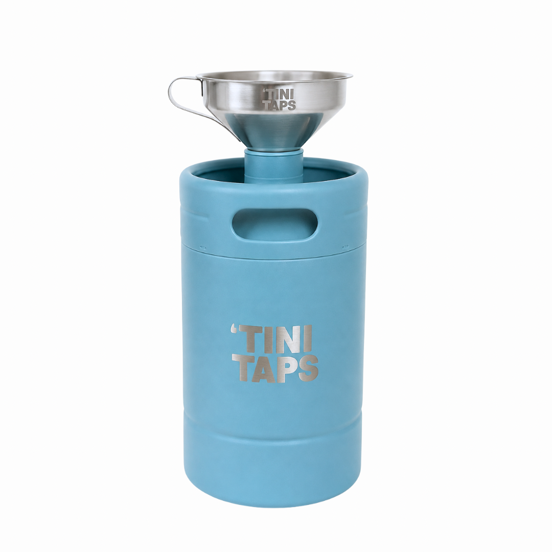 A light blue ‘Tini Tank with a stainless steel funnel inserted into the top, branded 'TINI TAPS' on a white background.