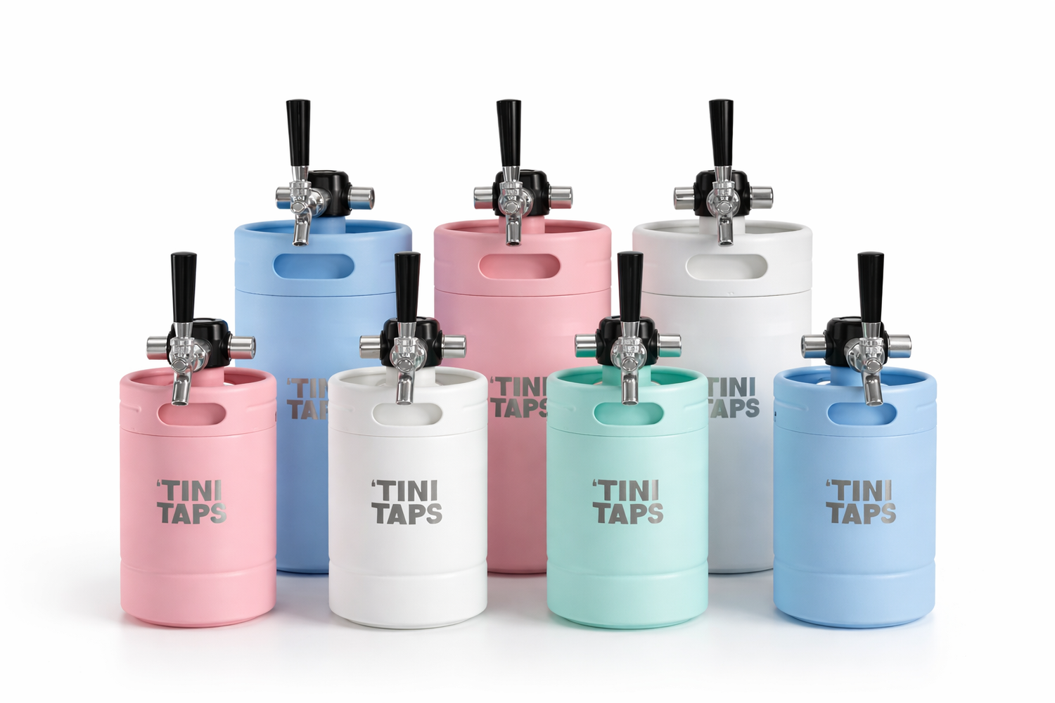 Set of colorful  'Tini Taps lined up on a white background.