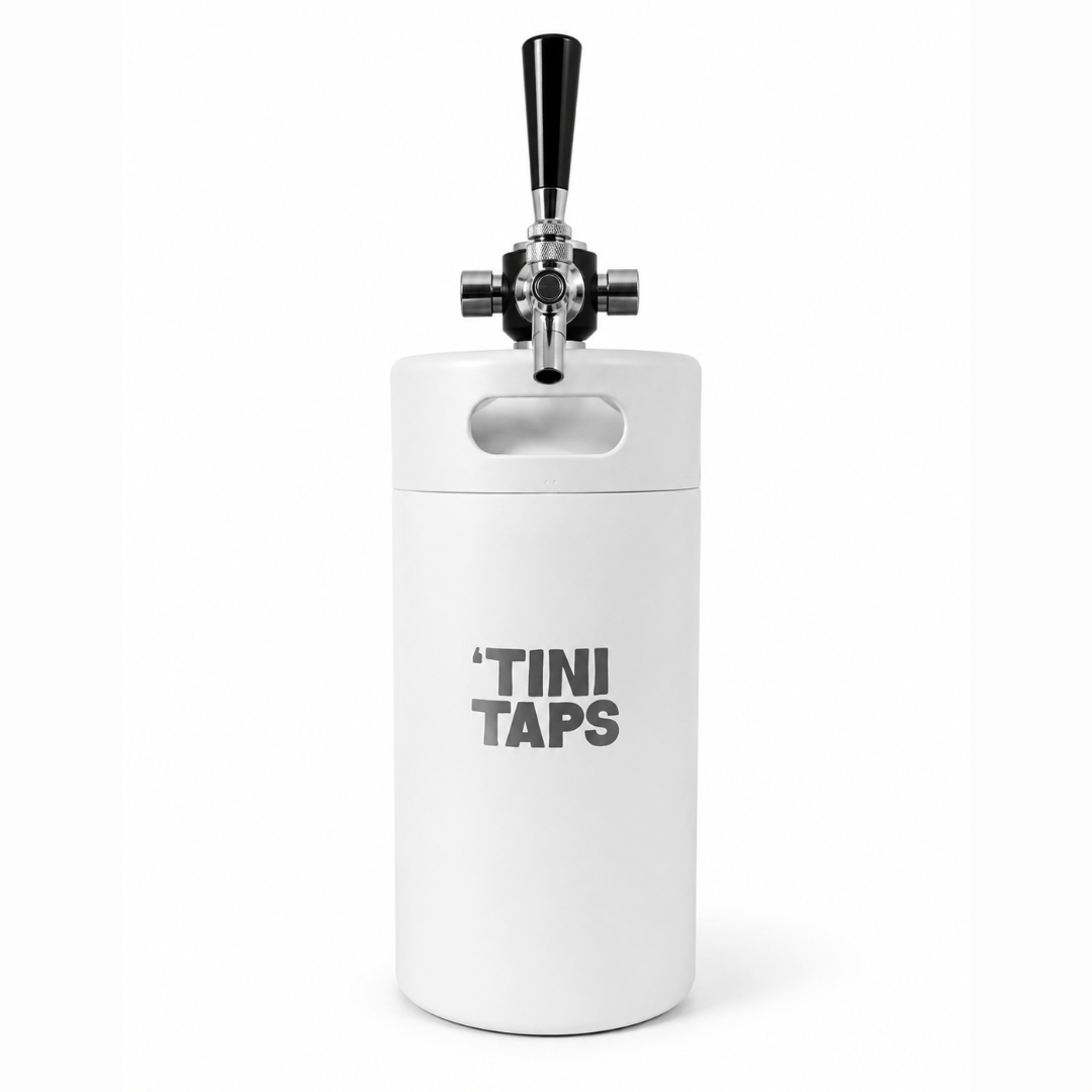 White portable keg with tap handle and ‘Tini Taps logo on a white background.