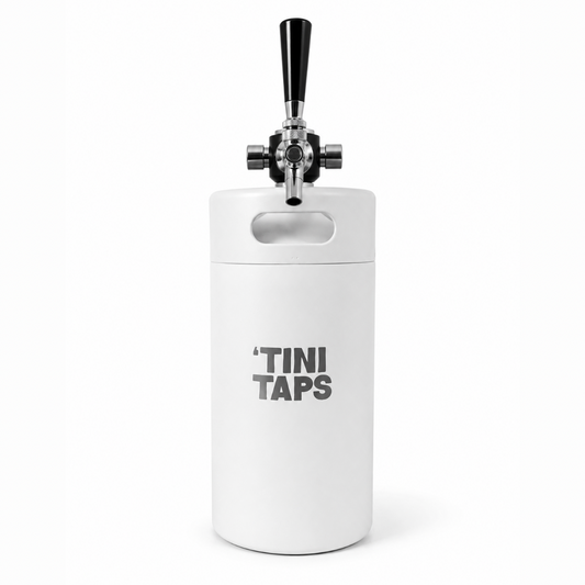 White portable keg with tap handle and ‘Tini Taps logo on a white background.