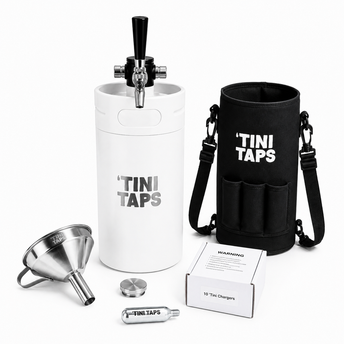 XL Tini Taps starter kit on a white background, including a white insulated mini keg with black tap handle, black carrying bag, stainless steep funnel, travel lid, CO2 cylinder, and product box.