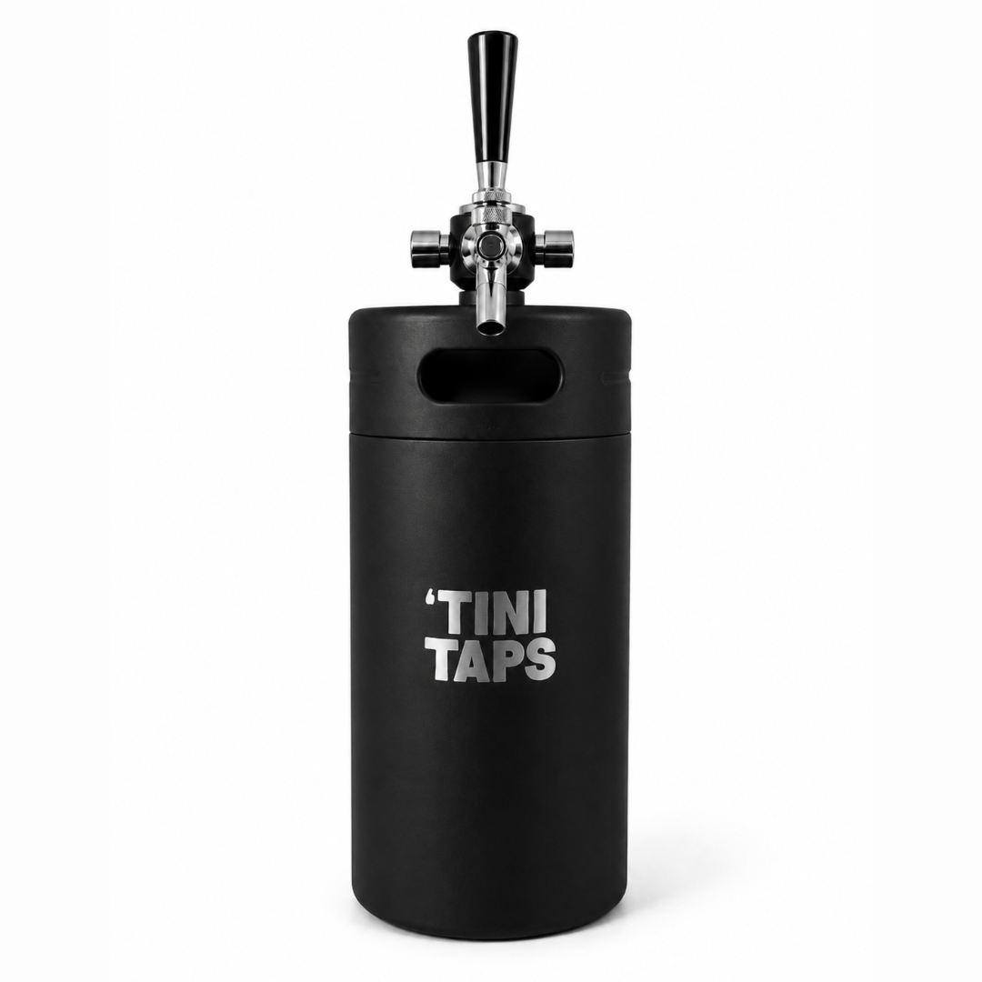 Black portable keg with tap handle and ‘Tini Taps logo on a white background.