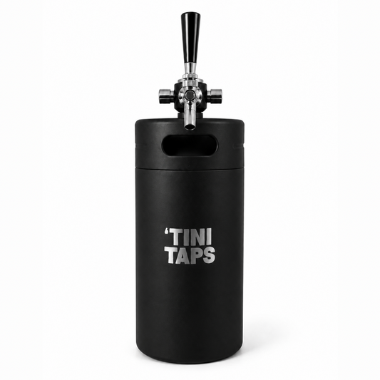 Black portable keg with tap handle and ‘Tini Taps logo on a white background.
