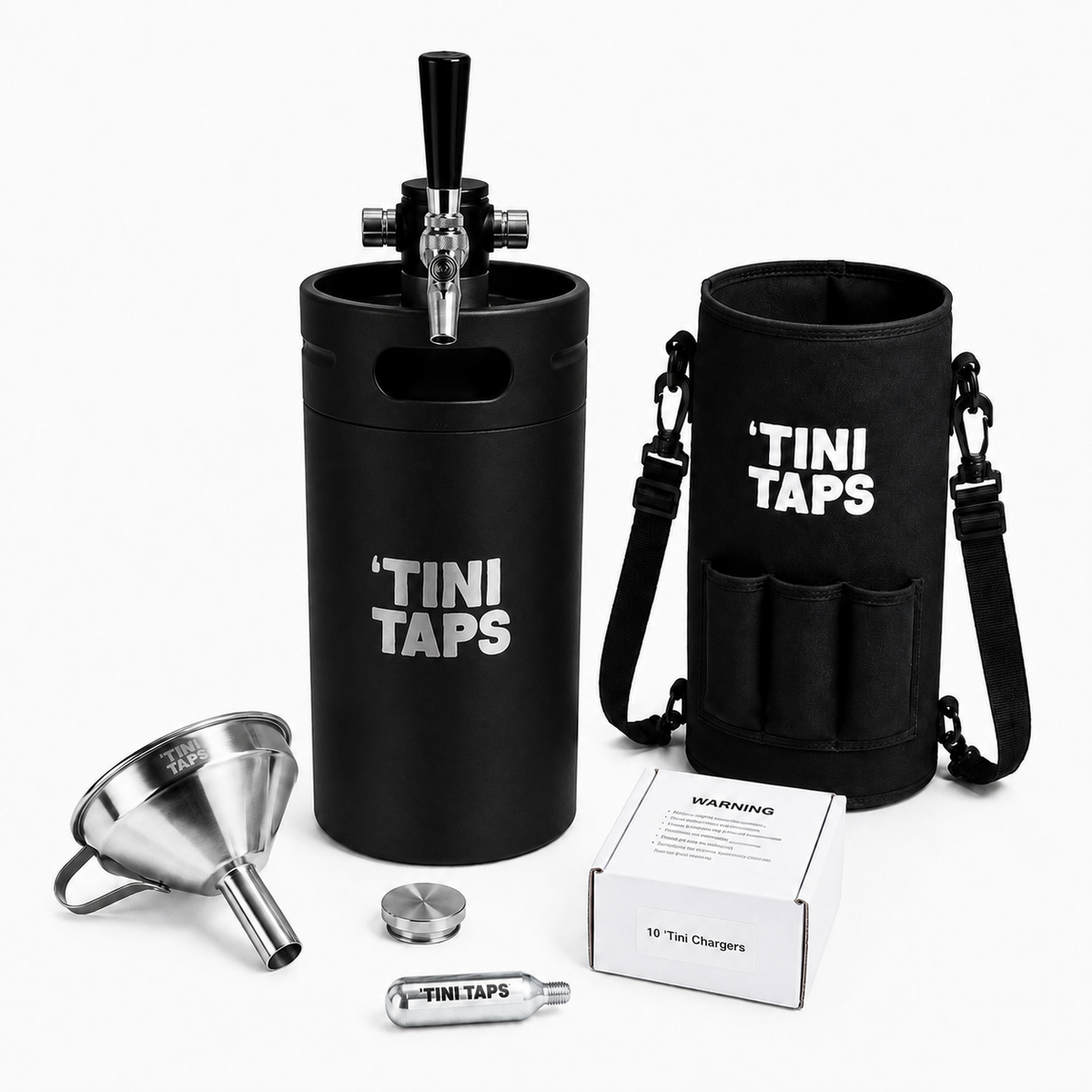 XL Tini Taps starter kit on a white background, including a black insulated mini keg with black tap handle, black carrying bag, stainless steep funnel, travel lid, CO2 cylinder, and product box.